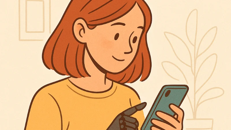 Молодая женщина с протезом и смартфоном