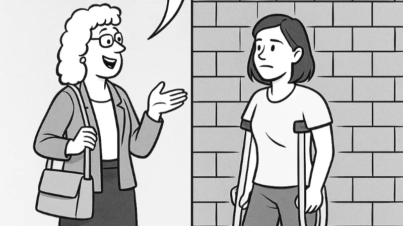 Женщина на двух ногах с энтузиазмом говорит другой женщине, у которой ампутирована нога и которая стоит на костылях: «Я прекрасно понимаю, что ты чувствуешь… Однажды мне пришлось целый день ходить со сломанным каблуком!»