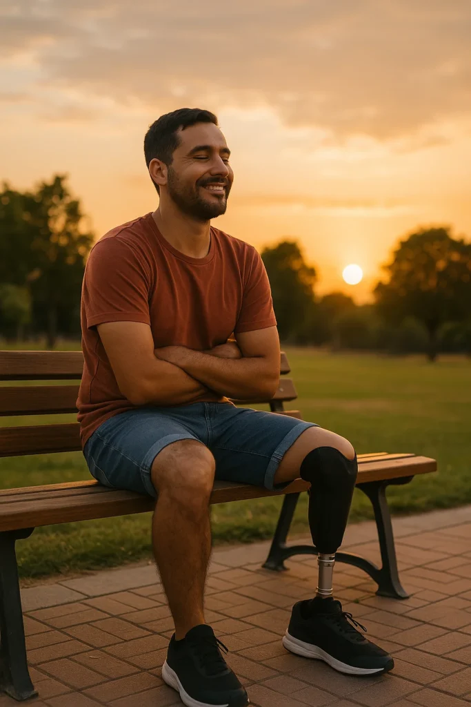 Человек после ампутации сидит спокойно, принимая свою новую жизнь