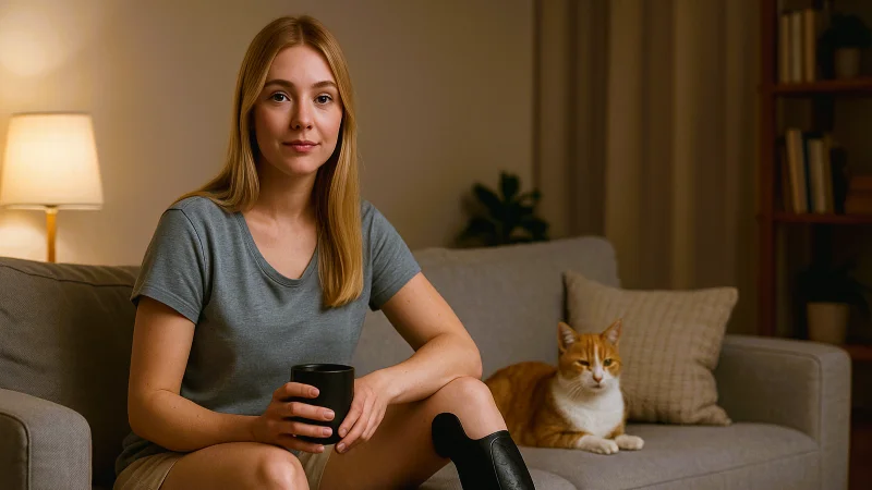 Девушка с протезом ноги и котом