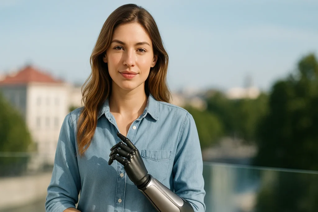 Бионический протез руки и молодая женщина