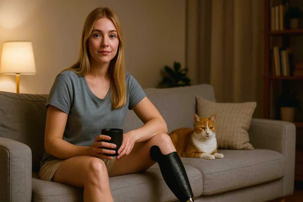 Девушка с протезом ноги и  котом