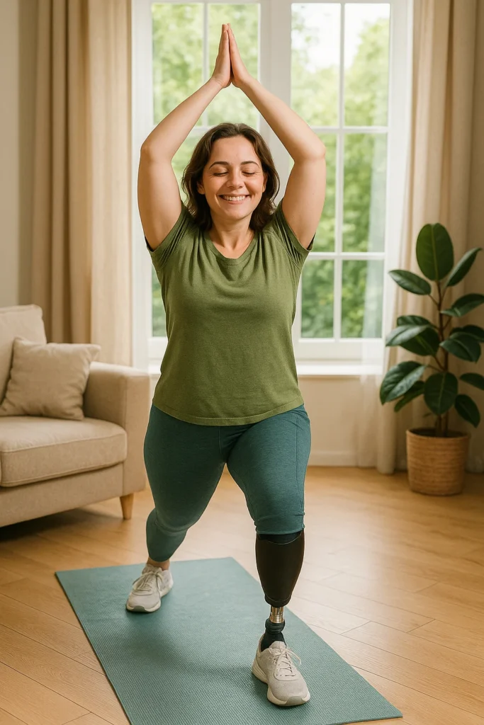 Женщина без ноги занимается йогой дома