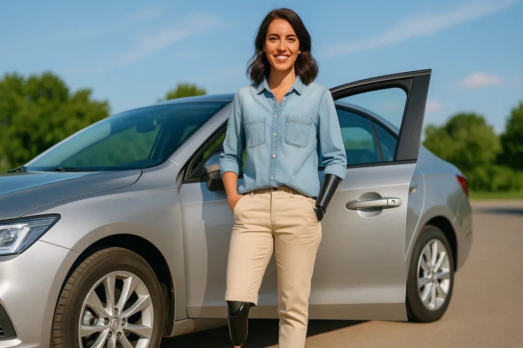 Женщина c протезом руки у серебристого седана