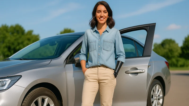 Женщина c протезом руки у серебристого седана