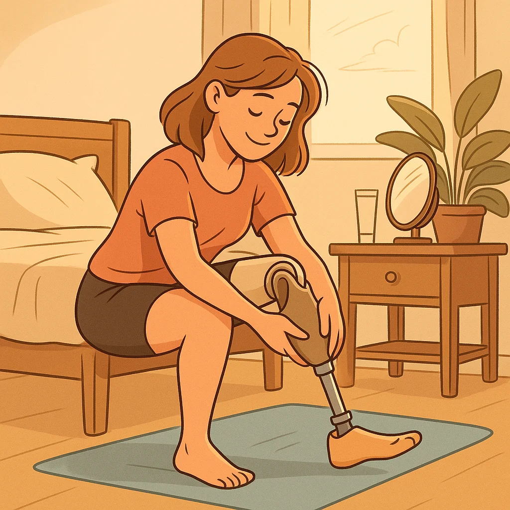 Женщина надевает протез утром