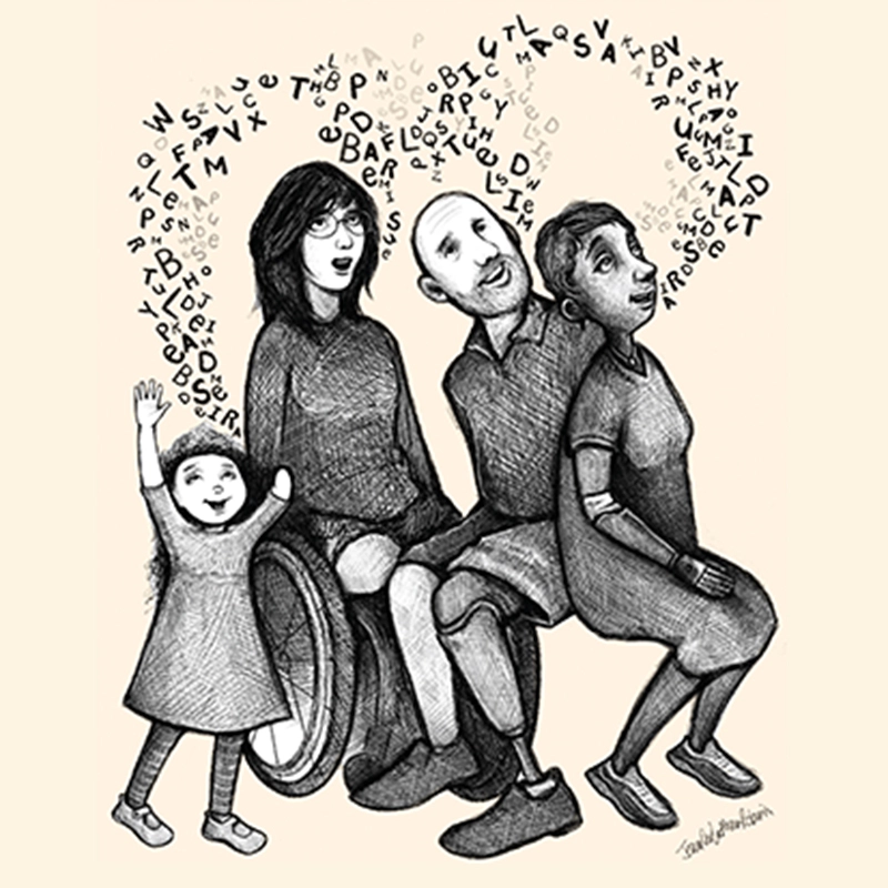 Иллюстрация семьи с детьми и инвалидным креслом, символизирующая единство, поддержку и инклюзию, с художественным фоном