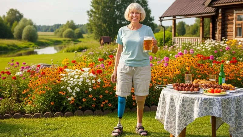 Женщина-ампутант с протезом наслаждается летом в русской деревне