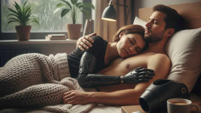 Девушка с протезом и мужчиной в кровати